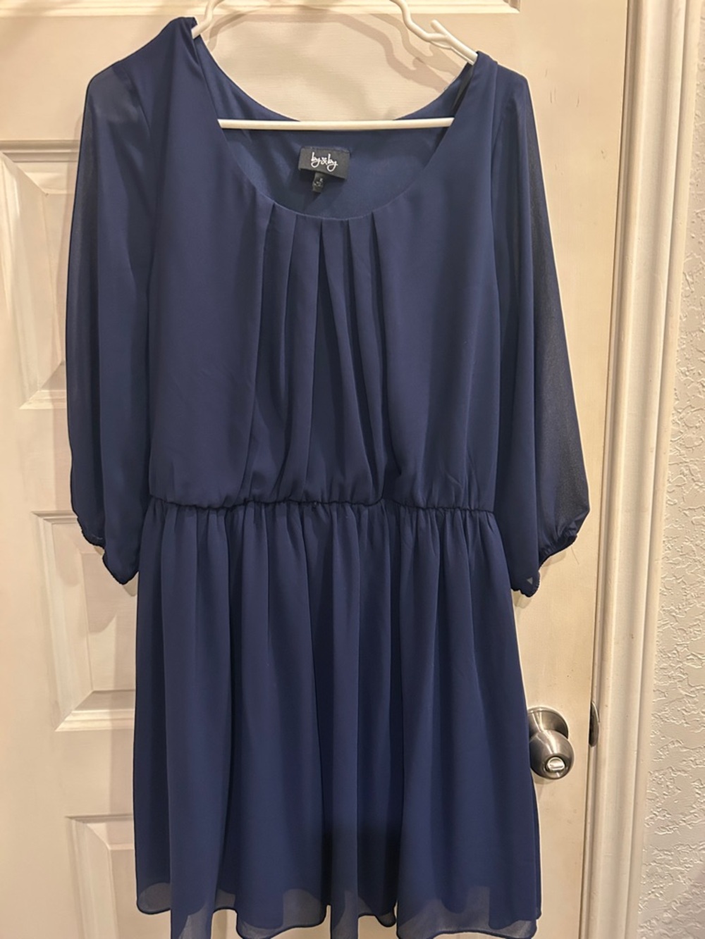 by & by Deep Navy Chiffon Midi Dress with Pleated Bodice